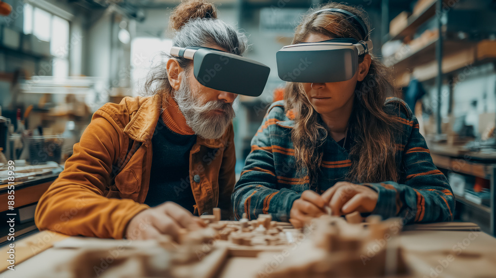 A team of designers using augmented reality glasses to create and ...