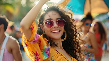 Attractive young beautiful woman dancing at a music festival party.