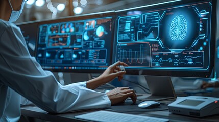 Aufkleber - The person working on a computer with a background that includes abstract graphics of technology, in the style of medical care, selective focus, shaped canvas, commission for, uhd image, light silver 