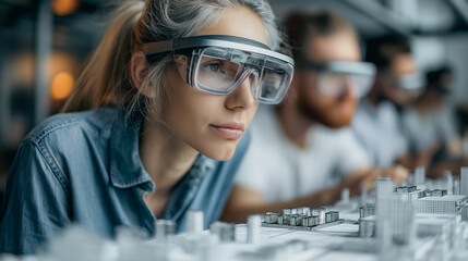 Poster - A team of designers using augmented reality glasses to create and manipulate 3D models in a modern workspace, digital elements blending seamlessly into the physical environment, high-tech setting.