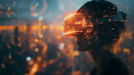 Poster - Individual in a virtual reality headset, futuristic office with holographic data displays, city skyline visible, sleek high-tech modern environment.