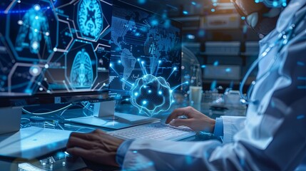 Aufkleber - The person working on a computer with a background that includes abstract graphics of technology, in the style of medical care, selective focus, shaped canvas, commission for, uhd image, light silver 