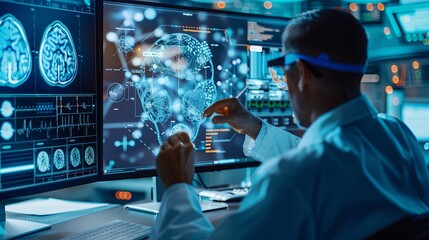 Aufkleber - The person working on a computer with a background that includes abstract graphics of technology, in the style of medical care, selective focus, shaped canvas, commission for, uhd image, light silver 