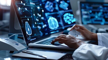 Poster - The person working on a computer with a background that includes abstract graphics of technology, in the style of medical care, selective focus, shaped canvas, commission for, uhd image, light silver 