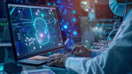 Poster - The person working on a computer with a background that includes abstract graphics of technology, in the style of medical care, selective focus, shaped canvas, commission for, uhd image, light silver 