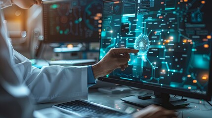 Poster - The person working on a computer with a background that includes abstract graphics of technology, in the style of medical care, selective focus, shaped canvas, commission for, uhd image, light silver 