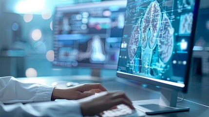 Poster - The person working on a computer with a background that includes abstract graphics of technology, in the style of medical care, selective focus, shaped canvas, commission for, uhd image, light silver 