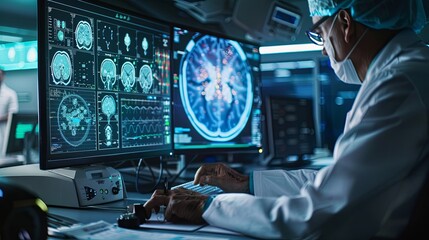 Poster - The person working on a computer with a background that includes abstract graphics of technology, in the style of medical care, selective focus, shaped canvas, commission for, uhd image, light silver 