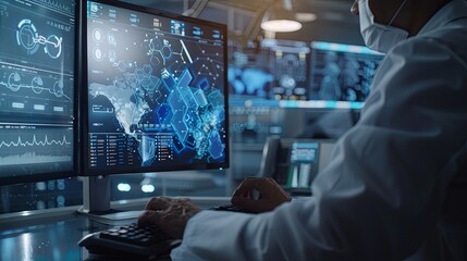 Poster - The person working on a computer with a background that includes abstract graphics of technology, in the style of medical care, selective focus, shaped canvas, commission for, uhd image, light silver 