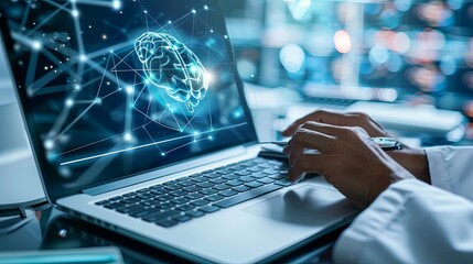 Poster - The person working on a computer with a background that includes abstract graphics of technology, in the style of medical care, selective focus, shaped canvas, commission for, uhd image, light silver 