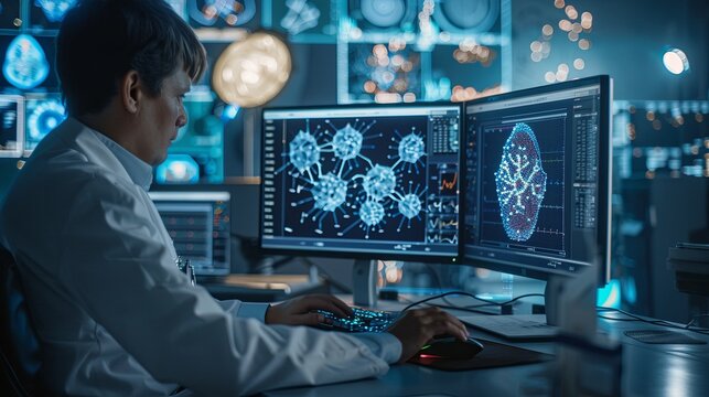The person working on a computer with a background that includes abstract graphics of technology, in the style of medical care, selective focus, shaped canvas, commission for, uhd image, light silver 