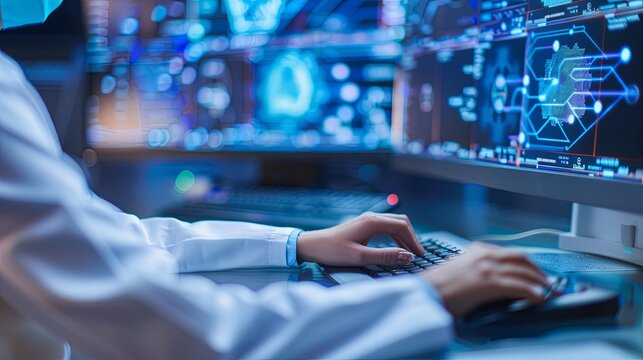 The person working on a computer with a background that includes abstract graphics of technology, in the style of medical care, selective focus, shaped canvas, commission for, uhd image, light silver 