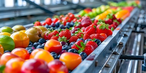 Wall Mural - Fruits freshly harvested and moving on conveyor belt towards washing station. Concept Farming, Harvest, Conveyor Belt, Fresh Produce, Agriculture