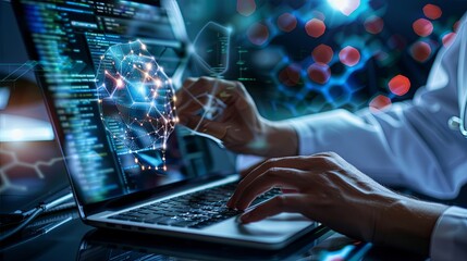 Poster - The person working on a computer with a background that includes abstract graphics of technology, in the style of medical care, selective focus, shaped canvas, commission for, uhd image, light silver 