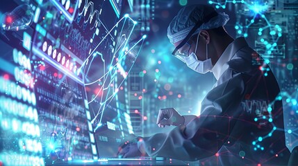 Poster - The person working on a computer with a background that includes abstract graphics of technology, in the style of medical care, selective focus, shaped canvas, commission for, uhd image, light silver 
