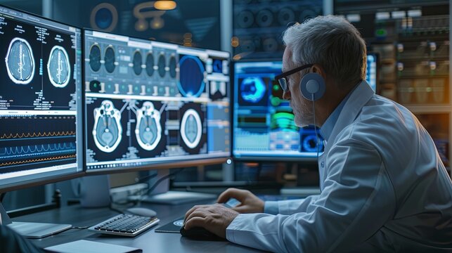 The person working on a computer with a background that includes abstract graphics of technology, in the style of medical care, selective focus, shaped canvas, commission for, uhd image, light silver 