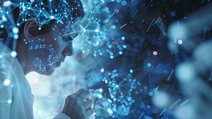 Poster - The person working on a computer with a background that includes abstract graphics of technology, in the style of medical care, selective focus, shaped canvas, commission for, uhd image, light silver 