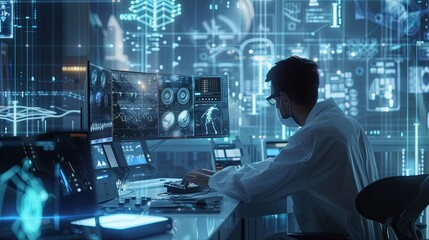 Poster - The person working on a computer with a background that includes abstract graphics of technology, in the style of medical care, selective focus, shaped canvas, commission for, uhd image, light silver 