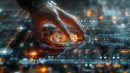 Poster - The person working on a computer with a background that includes abstract graphics of technology, in the style of medical care, selective focus, shaped canvas, commission for, uhd image, light silver 
