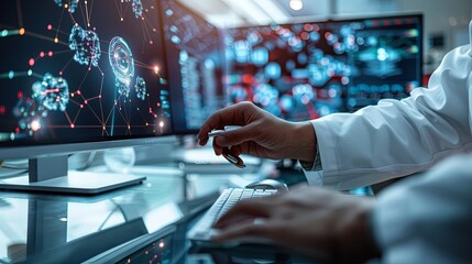 Poster - The person working on a computer with a background that includes abstract graphics of technology, in the style of medical care, selective focus, shaped canvas, commission for, uhd image, light silver 