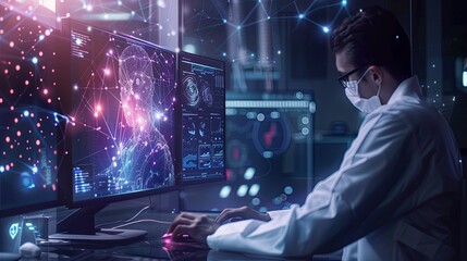 Poster - The person working on a computer with a background that includes abstract graphics of technology, in the style of medical care, selective focus, shaped canvas, commission for, uhd image, light silver 