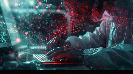 Poster - The person working on a computer with a background that includes abstract graphics of technology, in the style of medical care, selective focus, shaped canvas, commission for, uhd image, light silver 