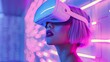 © Joel - Young girl model with short white hairs wearing a VR visor viewer, purple led lights on the VR and on the wall behind her