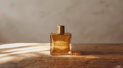 Wall Mural - mock up of a square gold perfume bottle, on a minimalist beige wooden table, Ai generated Images