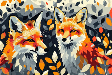 Poster - Artistic vector flat illustration of foxes in a stylized geometric style with bright outlines and vibrant shades of orange. Abstract shapes create a dynamic composition.