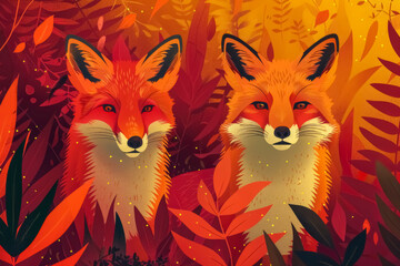Poster - Artistic vector flat illustration of foxes in a stylized geometric style with bright outlines and vibrant shades of orange. Abstract shapes create a dynamic composition.