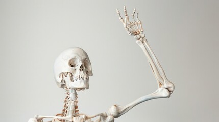 A detailed anatomical model of a human skeleton, with the arm raised, illustrating bone structure and anatomy against a neutral background.