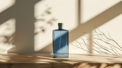 Wall Mural - mock up of a square blue perfume bottle, on a minimalist beige wooden table, Ai generated Images