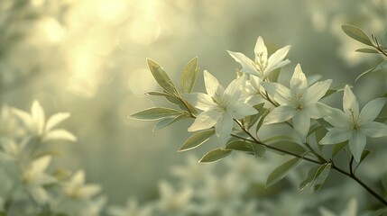 Wall Mural -   A close-up of a white flower on a branch against a blurred backdrop of leafy foliage