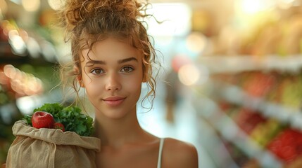 Canvas Print -   A young woman holding a bag of vegetables in a grocery store's produce section, looking at the camera