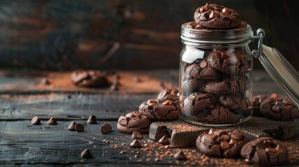 Wall Mural - Chocolate cookies in a jar, with chocolate chips scattered on a rustic table.