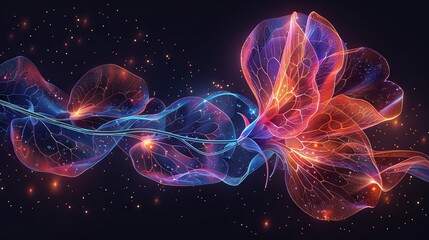 Poster -   a flower on a dark background with stars and a ray of light emanating from its petals