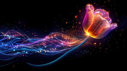 Poster -   Flying butterfly above blue and orange lines on black background with stars and swirls