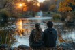 © Nena Ai - A couple sits by the edge of a calm lake, enjoying a serene sunset together. The golden hues of the setting sun create a romantic and tranquil atmosphere in the background.