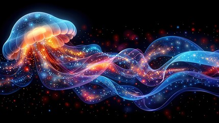 Poster -   Jellyfish image in blue-orange with black backdrop and celestial stars