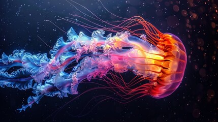 Poster -   A close-up of a jellyfish in a body of water with bubbles on the bottom of its head