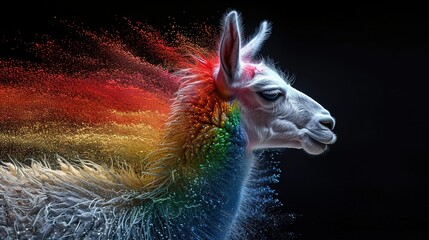 Wall Mural -   Close-up portrait of a llama with vibrant paint splatters covering its face