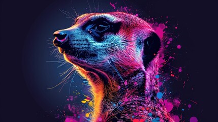 Wall Mural -   A vibrant depiction of a meerkat's visage against a black canvas with scattered paint droplets