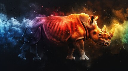 Wall Mural -   Rhino in multicolored sky with smoke, stars