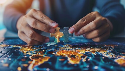 Wall Mural - businessman holding a puzzle piece over a world map. global business, data network and virtual conne