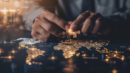 Wall Mural - businessman with a world map. global business, data network and virtual connection concept.