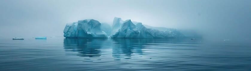 Foggy Arctic morning with iceberg, serene and mystical seascape