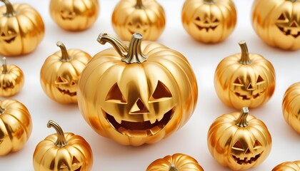 Wall Mural - Evil halloween golden smiling  pumpkins on light background