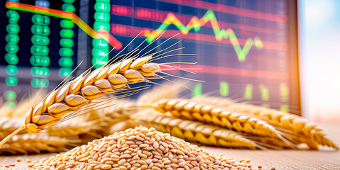 a pile of wheat grain against the background of the grain price chart