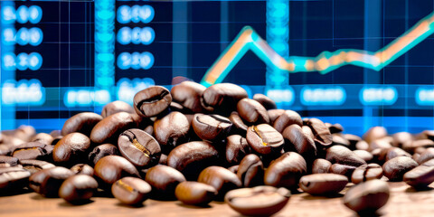 a bunch of coffee beans on the background of a trading price chart