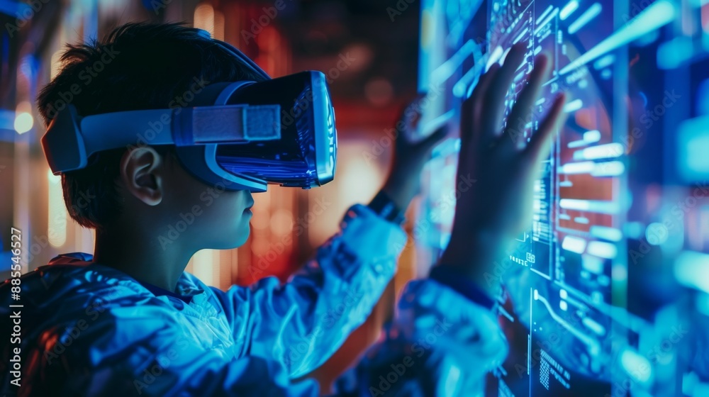 School student with VR headset using AI artificial intelligence ...